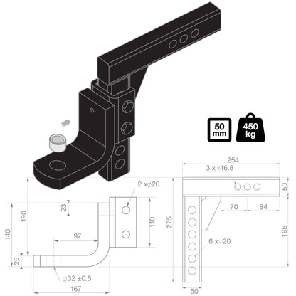 Toyota Land Cruiser TAG Adjustable Heavy Duty Tow Ball Mount - 90° Face, 50mm Square Hitch